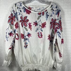 NWT Boho Floral Embroidered Top Blouse Womens XL Smocked Bohemian Colorful
